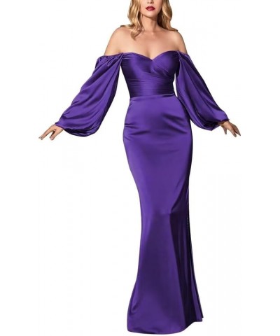 Off Shoulder Satin Mermaid Prom Dress Puffy Sleeves Ruched Bridesmaid Dress with Slit Bodycon Formal Evening Gowns Purple $30...