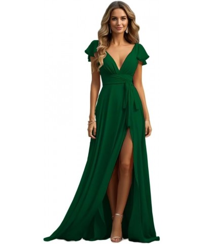 Short Sleeve Bridesmaid Dresses Long V Neck Chiffon Formal Evening Gown with Slit Champagne $31.89 Dresses