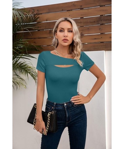 Womens Fashion Fall Clothes One Piece Cutout Tops Long Sleeve Ribbed Slim Fitted Shirts Tee Tshirts Short Sleeve Short-teal $...