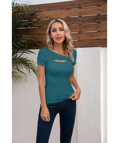 Womens Fashion Fall Clothes One Piece Cutout Tops Long Sleeve Ribbed Slim Fitted Shirts Tee Tshirts Short Sleeve Short-teal $...