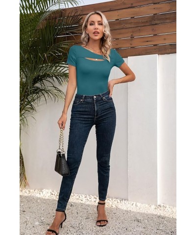 Womens Fashion Fall Clothes One Piece Cutout Tops Long Sleeve Ribbed Slim Fitted Shirts Tee Tshirts Short Sleeve Short-teal $...