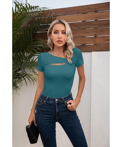 Womens Fashion Fall Clothes One Piece Cutout Tops Long Sleeve Ribbed Slim Fitted Shirts Tee Tshirts Short Sleeve Short-teal $...