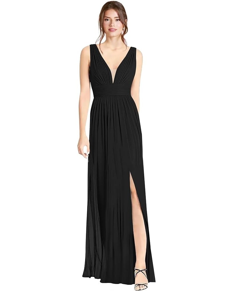 Women's Chiffon Bridesmaid Dresses with Sleeveless Empire Waist Deep V Neck Formal Evening Party Dress with Slit Black $18.90...