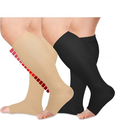 Toeless Compression Socks Wide Calf -2 Pairs Plus Size Open Toe Compression Socks for Women and Men 02-black+nude $10.79 Acti...