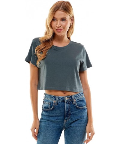 Women's Boxy Crop Top Round Neck Short Sleeve Casual 100% Cotton Cropped Tee T-Shirt Dark Gray $10.93 T-Shirts