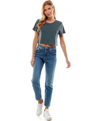 Women's Boxy Crop Top Round Neck Short Sleeve Casual 100% Cotton Cropped Tee T-Shirt Dark Gray $10.93 T-Shirts