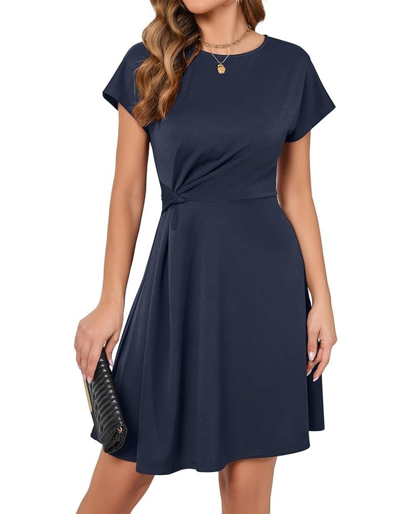 Women's Short Sleeve Elegant Twist Knot Cocktail Dress Crew Neck A-Line Swing Casual Party Dresses Navy-blue $19.80 Dresses