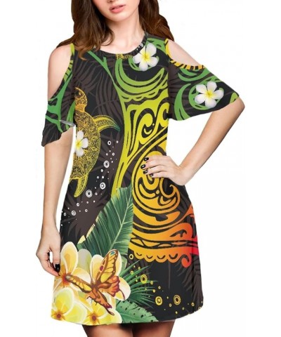 Women's Polynesian Traditional Tribal Print Cold Shoulder Short Sleeve Midi Swing Dress Turtles $14.27 Dresses