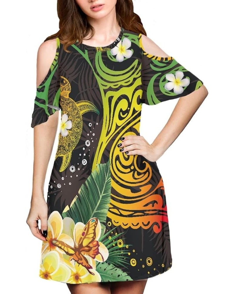 Women's Polynesian Traditional Tribal Print Cold Shoulder Short Sleeve Midi Swing Dress Turtles $14.27 Dresses