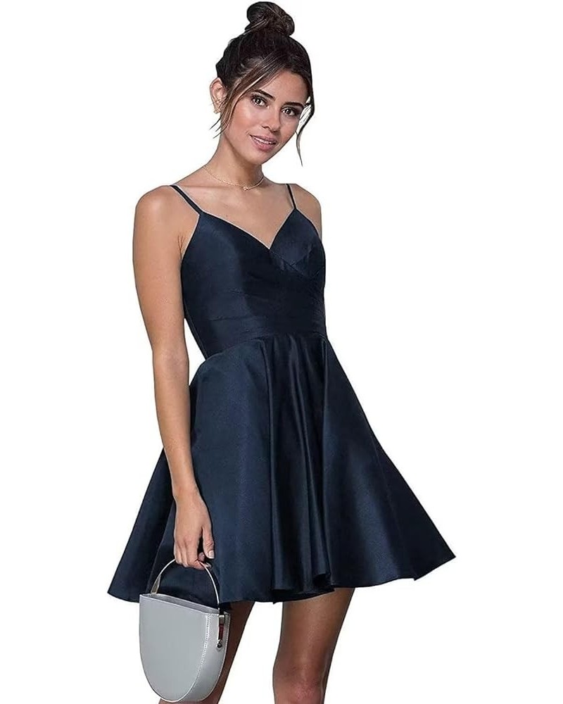 V-Neck Homecoming Dresses for Teens Spaghetti Strap Satin Short Prom Dress with Pockets Navy Blue $24.07 Dresses