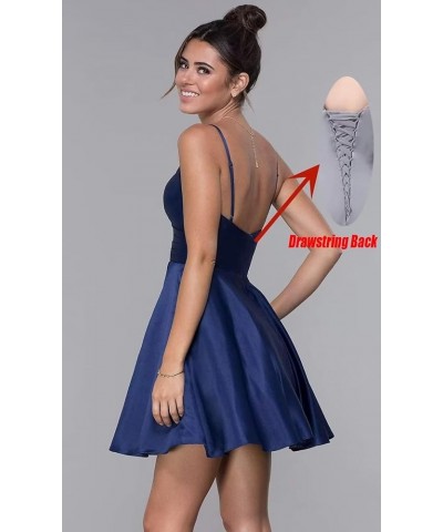 V-Neck Homecoming Dresses for Teens Spaghetti Strap Satin Short Prom Dress with Pockets Navy Blue $24.07 Dresses