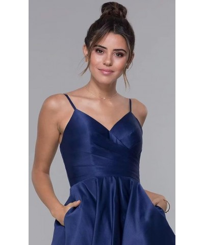 V-Neck Homecoming Dresses for Teens Spaghetti Strap Satin Short Prom Dress with Pockets Navy Blue $24.07 Dresses