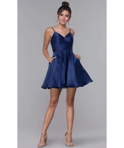 V-Neck Homecoming Dresses for Teens Spaghetti Strap Satin Short Prom Dress with Pockets Navy Blue $24.07 Dresses