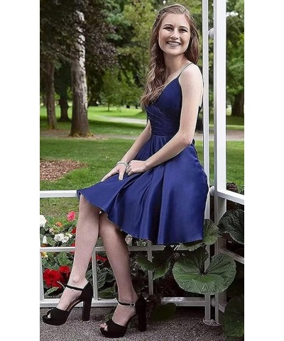 V-Neck Homecoming Dresses for Teens Spaghetti Strap Satin Short Prom Dress with Pockets Navy Blue $24.07 Dresses