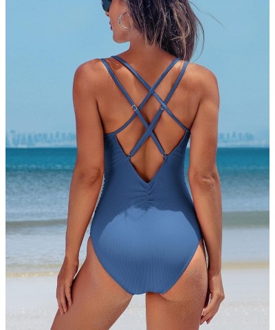 Tummy Control One Piece Swimsuits for Women Ribbed Ruched Bathing Suits V Neck Criss Cross Swimwear 3c blue Gray $16.38 Swims...