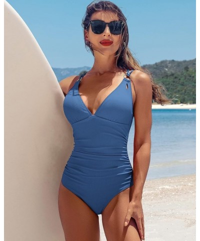 Tummy Control One Piece Swimsuits for Women Ribbed Ruched Bathing Suits V Neck Criss Cross Swimwear 3c blue Gray $16.38 Swims...