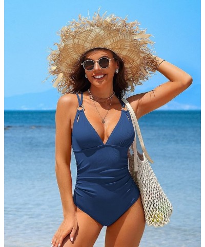 Tummy Control One Piece Swimsuits for Women Ribbed Ruched Bathing Suits V Neck Criss Cross Swimwear 3c blue Gray $16.38 Swims...