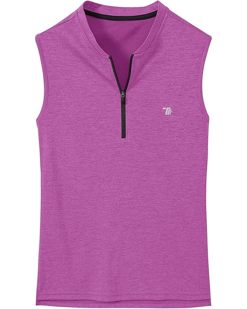 Women's Golf Polo Shirts Sleeveless Zip Up Collarless UPF 50+ Tennis T-Shirt Lightweight Quick Dry 02-rose Purple $12.99 Acti...