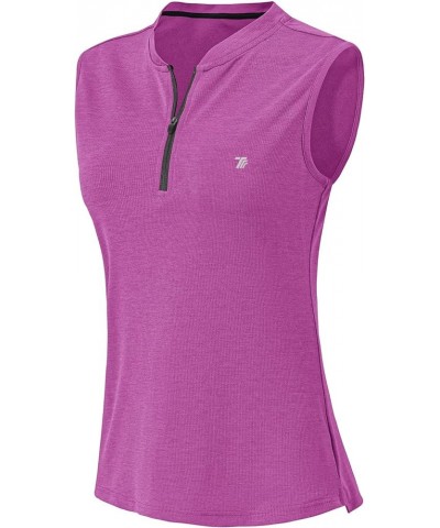 Women's Golf Polo Shirts Sleeveless Zip Up Collarless UPF 50+ Tennis T-Shirt Lightweight Quick Dry 02-rose Purple $12.99 Acti...