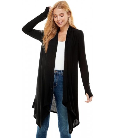 Women's Long Sleeve Drape Open Front Waterfall Soft Hacci Knit Cardigan Sweater Thumb Hole Black $23.50 Sweaters