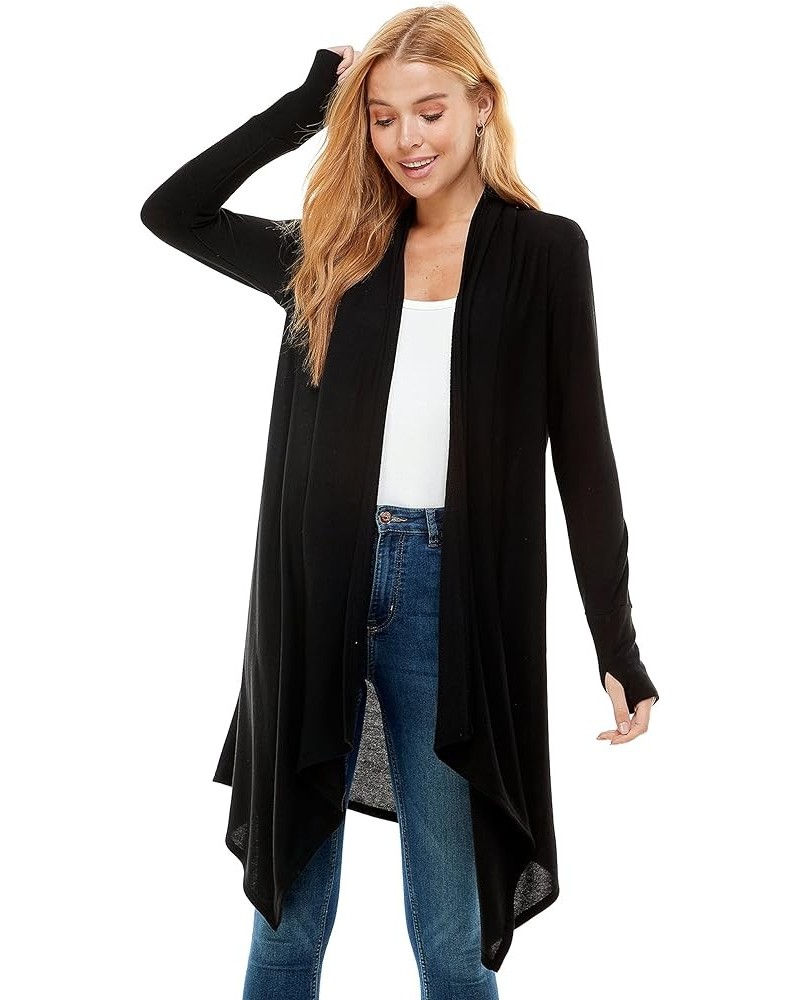 Women's Long Sleeve Drape Open Front Waterfall Soft Hacci Knit Cardigan Sweater Thumb Hole Black $23.50 Sweaters