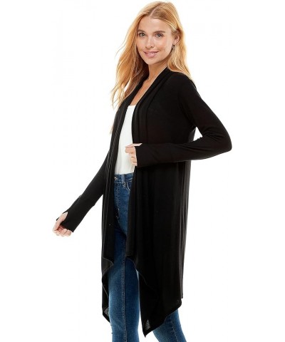 Women's Long Sleeve Drape Open Front Waterfall Soft Hacci Knit Cardigan Sweater Thumb Hole Black $23.50 Sweaters