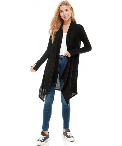 Women's Long Sleeve Drape Open Front Waterfall Soft Hacci Knit Cardigan Sweater Thumb Hole Black $23.50 Sweaters