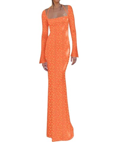 Women Bodycon Maxi Dress Solid Color Knitted Ribbed Square Neck Long Sleeve Sexy Elegant Evening Party Formal Dress B Orange ...