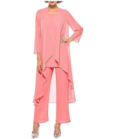 Women's Chiffon Pants Suits 3 Pieces Mother of The Bride Wedding Party Outfit Evening Dress Coral $27.30 Suits