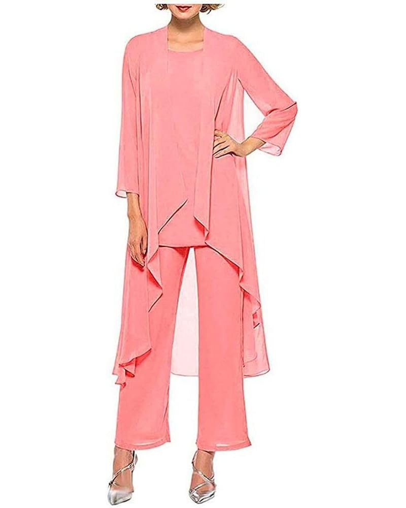 Women's Chiffon Pants Suits 3 Pieces Mother of The Bride Wedding Party Outfit Evening Dress Coral $27.30 Suits