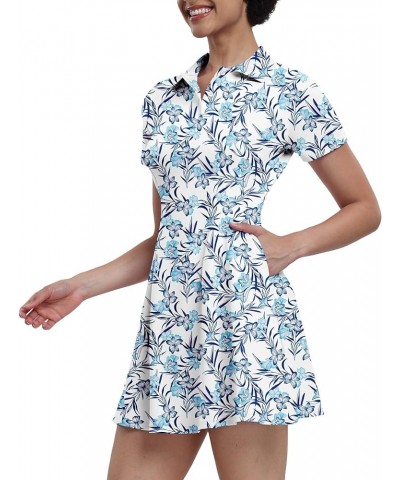 Womens Tennis Dresses Golf Dress Short Sleeve with Shorts Workout Athletic Dress 17 Blue Flower $17.63 Activewear