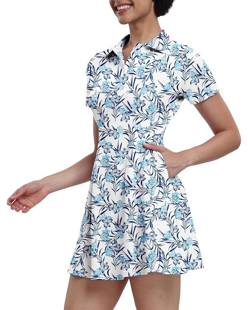 Womens Tennis Dresses Golf Dress Short Sleeve with Shorts Workout Athletic Dress 17 Blue Flower $17.63 Activewear