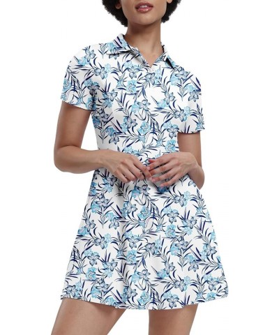 Womens Tennis Dresses Golf Dress Short Sleeve with Shorts Workout Athletic Dress 17 Blue Flower $17.63 Activewear