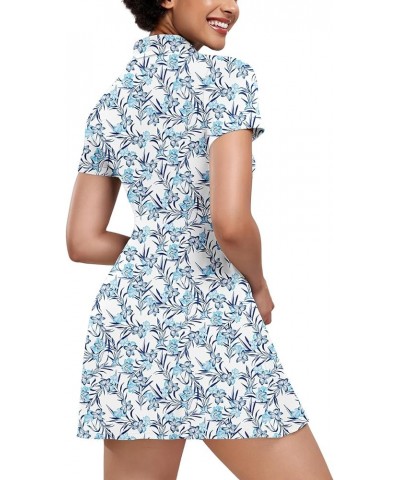 Womens Tennis Dresses Golf Dress Short Sleeve with Shorts Workout Athletic Dress 17 Blue Flower $17.63 Activewear