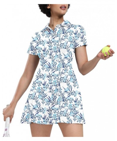 Womens Tennis Dresses Golf Dress Short Sleeve with Shorts Workout Athletic Dress 17 Blue Flower $17.63 Activewear