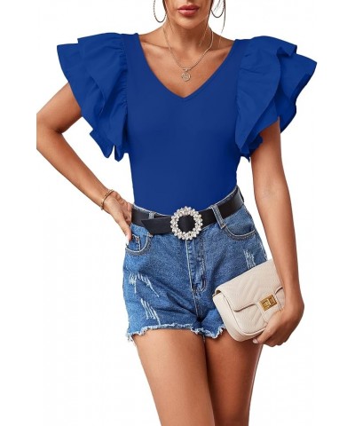 Women's V Neck Ruffle Cap Sleeve Summer Blouse Top Shirt Blue $12.00 Blouses