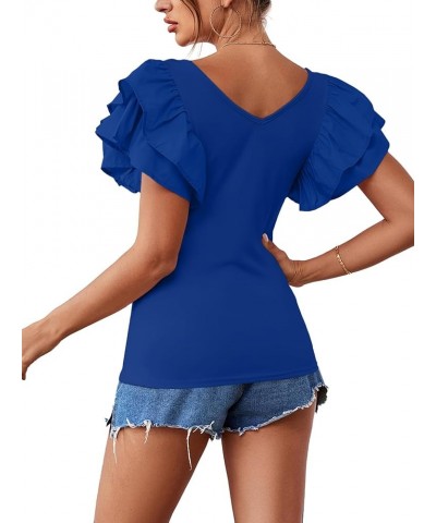 Women's V Neck Ruffle Cap Sleeve Summer Blouse Top Shirt Blue $12.00 Blouses