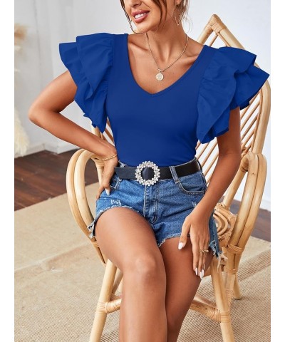 Women's V Neck Ruffle Cap Sleeve Summer Blouse Top Shirt Blue $12.00 Blouses