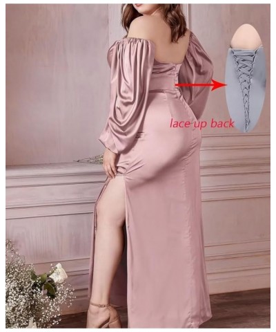 Off Shoulder Satin Mermaid Prom Dress Puffy Sleeves Ruched Bridesmaid Dress with Slit Bodycon Formal Evening Gowns Purple $30...