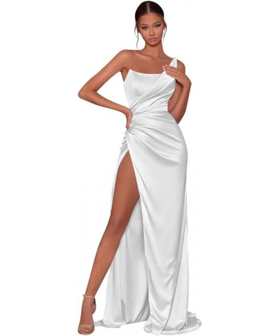 Mermaid Satin Prom Dresses Long One Shoulder Formal Evening Gown with Slit White $30.55 Dresses