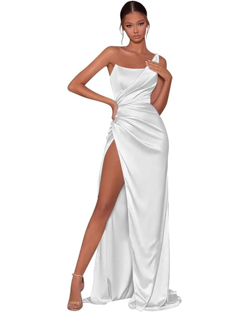 Mermaid Satin Prom Dresses Long One Shoulder Formal Evening Gown with Slit White $30.55 Dresses