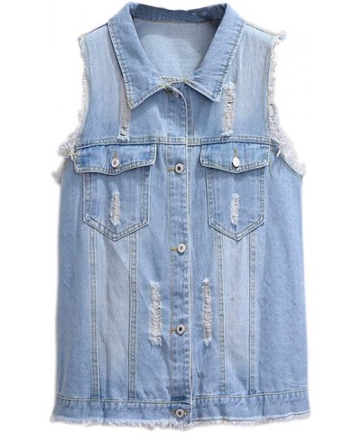 Women's Ripped Denim Vest Button Downs Sleeveless Jacket Plus Size with Fringe Light Blue $14.35 Vests