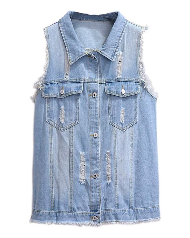 Women's Ripped Denim Vest Button Downs Sleeveless Jacket Plus Size with Fringe Light Blue $14.35 Vests