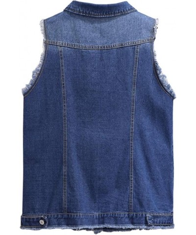 Women's Ripped Denim Vest Button Downs Sleeveless Jacket Plus Size with Fringe Light Blue $14.35 Vests