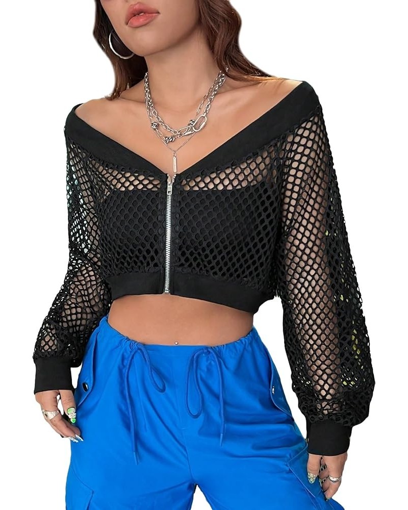 Women's Hollow Out V Neck Mesh Jacket Long Sleeve Zip Up Cropped Outwear Black $15.50 Jackets