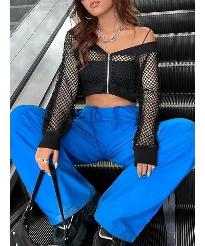 Women's Hollow Out V Neck Mesh Jacket Long Sleeve Zip Up Cropped Outwear Black $15.50 Jackets