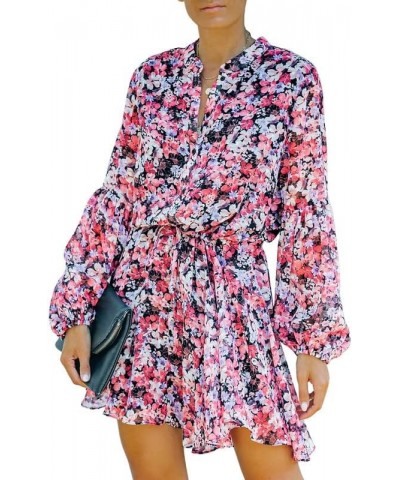 Women's Long Sleeves Button up Tie Waist Floral Chiffon Dress Flower Pink $27.72 Others