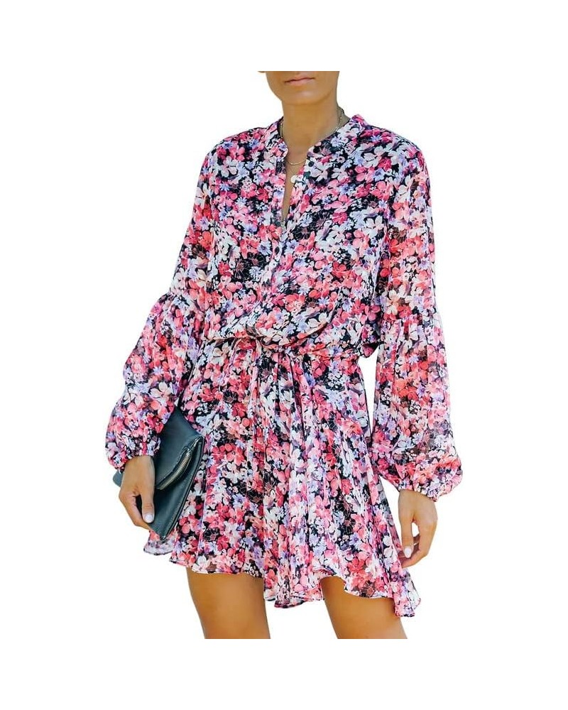 Women's Long Sleeves Button up Tie Waist Floral Chiffon Dress Flower Pink $27.72 Others