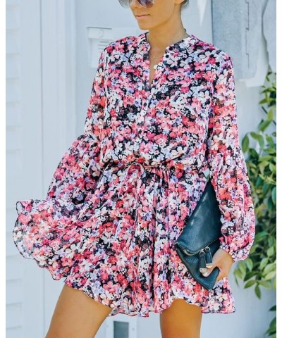 Women's Long Sleeves Button up Tie Waist Floral Chiffon Dress Flower Pink $27.72 Others