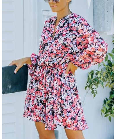 Women's Long Sleeves Button up Tie Waist Floral Chiffon Dress Flower Pink $27.72 Others